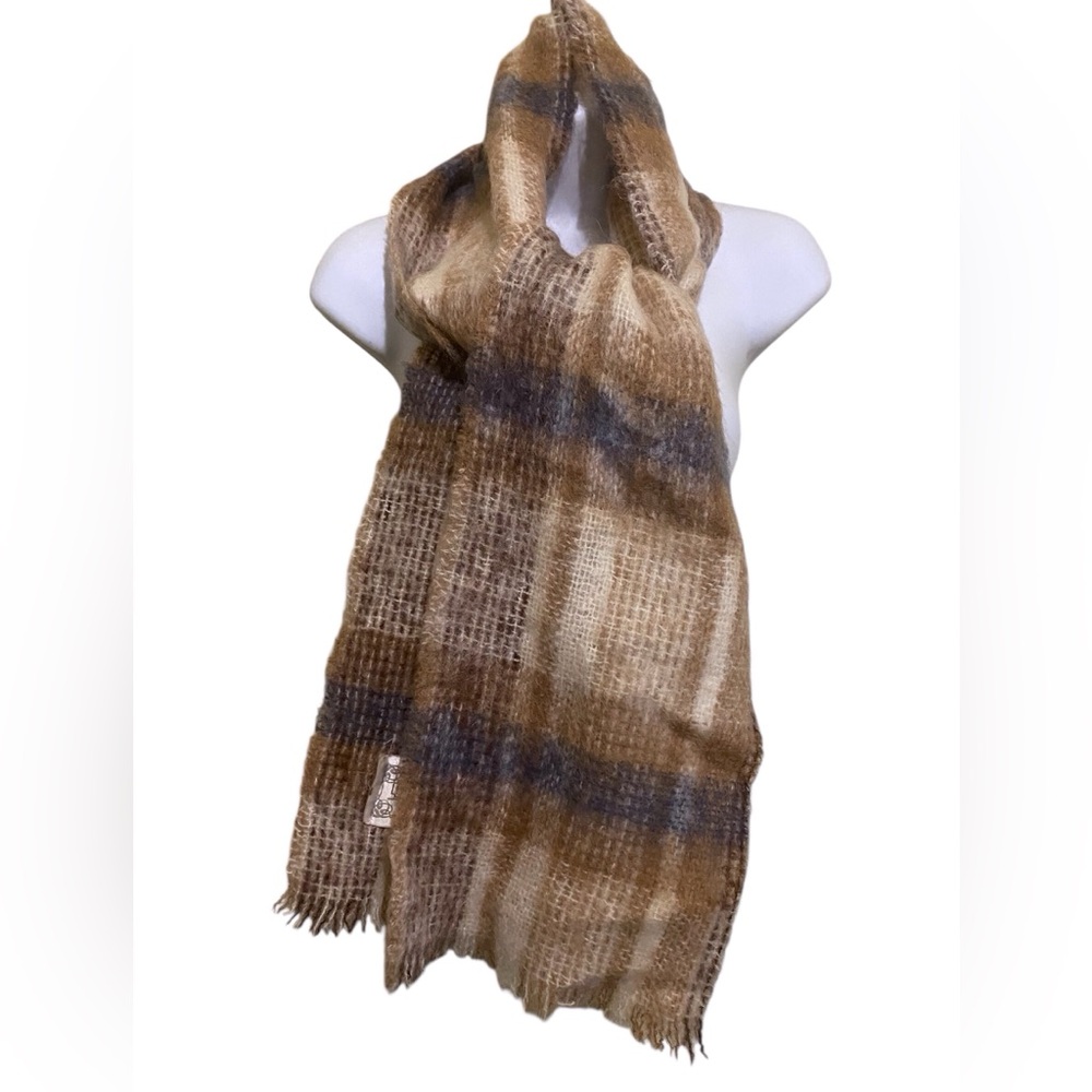 VTG Donegal Design Scarf n Mocha Brown Cream Tartan Irish Mohair‎ Wool Handwoven